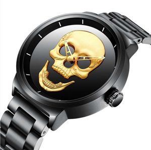 Aishy Fashion Men'sの防水ステンレス鋼ベルトの頭蓋骨ヘッドレザーコピー時計ゴーストヘッドオスの腕時計クォーツ卸売X0625