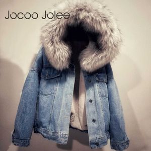 Jocoo Jolee Women Winter Thick Jean Jacket Fleece Hooded Denim Coat Female Lamb Fur Padded Warm Denim Jacket Outwear Plus Size 210619