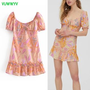 Sommerkleid Rosa Blumendruck Rüschen Mini es Frauen Kurzarm Rückenfrei Party Frau Vintage vorne gebunden 210430