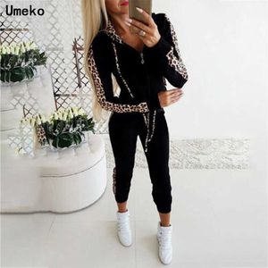 Jesień Zima 2 Sztuka Zestaw Kobiety Boczne Leopard Drukowane Kobiety Garnitury Ciepły Plus Rozmiar Dres Kobiet Topy Z Kapturem Pantsuit Kobiet Y0625