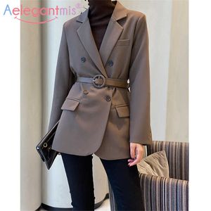 Aelegantmis Office Lady Casual Oversized Blazer Women Spring Elegant Korean Sashes Suit Female OL Fashion Outwear 210607