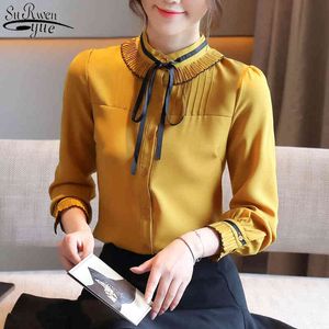 Autumn Stand Collar Loose Cardigan Tops Female Yellow Bow Chiffon Blouse Elegant Long Sleeve Women's Shirt 11548 210427