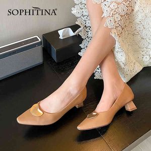 SOPHITINA -selling Women's Shoes Simple Metal Decoration Small Square Toe Shoes Handmade Daily Sheepskin Female Pumps AO395 210513