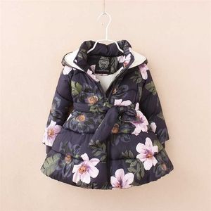 Dziewczyny Kurtki Płaszcze na sprzedaż Dzieci Floral Printed Parka Fleece Ciepłe dzieci Z Kapturem Gruby 211203