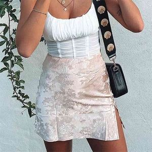 Sitin Side Slit Black Mini Spódnica Kobiety Wysoka Talia Kwiat Druku Pink S Dna Jesień Sexy Club Party Faldas 210427