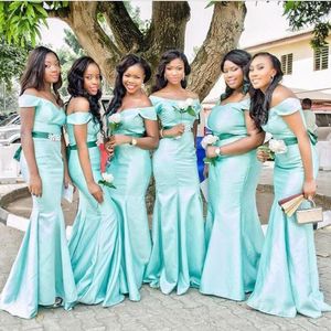 Summer Mint Green Mermaid Bridesmaid Dresses Satin Sleeves Sexy Off The Shoulder Country Beach Wedding Guest Gowns