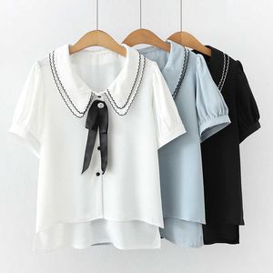 Manga Curta Mulheres Blusa Verão Escritório Senhora Botão Desligue Camisas Colares para Mulheres Plus Size Ladies Fashion Roupas 210604