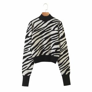 Vintage Woman Zebra Stripes Turtleneck Tröjor Höst Vinter Mode Laides Puff Sleeve Knitwear Kvinna Casual Soft Toppar 210515