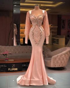 Plus Size Arabic Mermaid Sexy Evening Dresses Lace Beaded Long Sleeves Prom Formal Party Second Reception Gowns