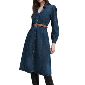 Kvinnor Premium Long Denim Dress Fashion Collared V-Neck Slim Klänningar Knapp Långärmad Bälte Sommar Femme 210520