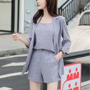 Vintage Summer Women Shorts Suit Blue Pink Plaid Notched Blazer Jacket Vest Office Wear Suits Kvinna uppsättningar 210518