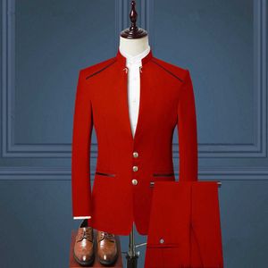 Custom Made 2021 Costume Homme Red Mens Suits With Pants Wedding Tuxedos Stand Collar Groom Wear Formal Prom Men Suit Blazer X0909