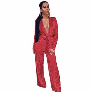 Women's Jumpsuits & Rompers Full Sleeve V Neck Velvet Wide Leg Jumpsuit Autumn Winter Women White Red Loose Two Piece Set Plus Size Macacao