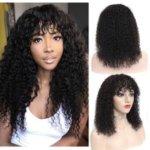 Glueless 150% density Black Women Kinky Curly Non Lace Front Wig Full Machine Made Brazilian Pervian Indain Deep Wave 100% Human Hair Wigs With Bangs Natural Color