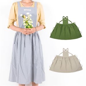 WEEYI Women Ladies Apron Cotton Linen Dress Plain Casual aprons Garden Work Household dress Anti-dirty w/Loose Pockets 210625