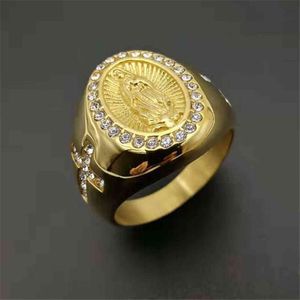 Religiöse Goldfarbe Jungfrau Maria Ringe für Frauen Männer Edelstahl Iced Out CZ Ring Hip Hop Christian Schmuck Tropfen