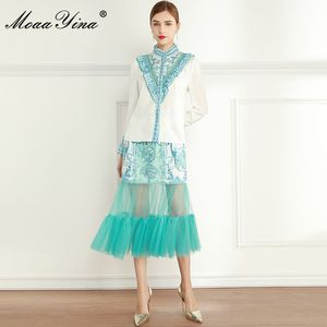 Fashion Designer Set Spring Women's Long sleeve Ruffles Blouses Tops+Patchwork Mesh skirt Print Two-piece suit 210524