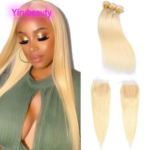 613# Blond färg malaysiska mänskliga hårförlängningar silkeslen raka buntar med 4x4 spetsstängning dubbla jungfruliga hårstrån