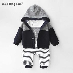 Mudkingdom Baby Boy Boy Stephant Romper Cardigan Outfit Общий костюм Толстая полоса с капюшоном пальто Детская одежда 210615