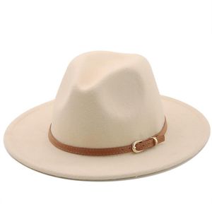 Szeroki Brim Kapelusze 56-60 cm White / Blackwide Fedora Hat Kobiety Mężczyźni Imitacja Wełny Czuł Z Metal Chain Decor Panama Jazz Chapeau