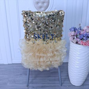 Chair Covers CH078A Gorgeous Custom Made Wedding Cocktail Party Ruffled Gold Organza And Large Square Sequin Cover