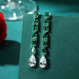 Luxury Water Drop Simulated Moissanite Diamond Emerald 925 Sterling Silver Long Earrings for Women Wedding Fine Jewelry Gift