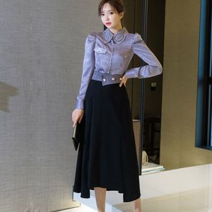 LLZACOOSH Elegant Ladies 2 Piece Set Spring Women Lace Turn Down Collar Work Shirt + High Waist Swing Midi Skirt Sets 210514