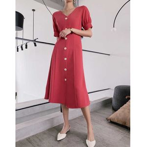 Woman Vintage French Dress Rose Pink Button Puff Sleeve High Waist Elegant Chic A Line Party Dresses Female Vestidos Robe Femme 210608