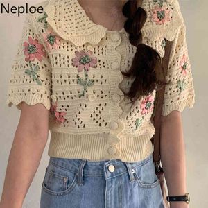Neploe Vintage Cardigans Women Embroidery Crop Top Peter Pan Collar Single-breasted Short Sleeve Knit Coat Hollow Out Sweater 210422