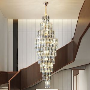 Multi Layers Long Crystal Chandelier Smoking Grey Staircase Lamp AC110V 220V Luxury Cristal Hotel Lobby Lights