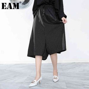 [EAM]高弾性ウエストブラックストライプスプリットワイドレッグズボンルーズフィットパンツ女性ファッションスプリング夏JE6560 21512