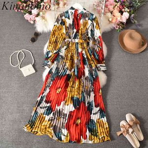 Kimutomo Spring Beach Holiday Maxi Dress Kvinnor Casual Leaf Print Elegant Stand Krage Långärmad Hög midja Vestidos 210521