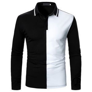 Czarno-biały Kontrast Koszulki Polo Mężczyźni Z Długim Rękawem Casual Męskie T Shirt Slim Oddychające Polo Para Hombre Patchwork Colorblock 210524