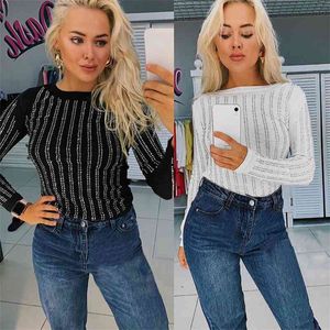 Flannel O Neck Striped Elastic Bottoming T Shirts Höst Kvinnor Slim Vit Svart Mjuka Basic Tops Streetwear Winter T-shirt 210507