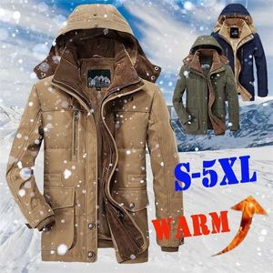 Varm vinterjacka Men Fleece Hooded Coat Tjocken Parkas Mäns Jackor Outwear Hat Avtagbar Jackor Man Jaqueta Masculina S-5XL 211126