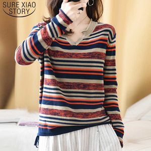 Vår Höst Vinter Bomull Koreansk Långärmad Striped Kvinnor Tröjor V-Neck Knit Pullovers Office Lady Winter Kläder Kvinnor 210527