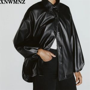 women Vintage faux leather jacket Fashion long balloon sleeve elastic cuff asymmetric split hem Outwear Female Tops 210520