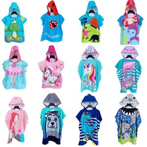 Children Wearable Bath Towels Bathrobe Cloaks Hooded Beach Towel Absorbent Cartoons Printed Shark Mermaid Surf Swim Pool Poncho ZC604