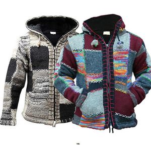 Mode stickad tröja vinter män dragkedja hooded patchwork stickade höst sweatercoat casual coat casaco masculina