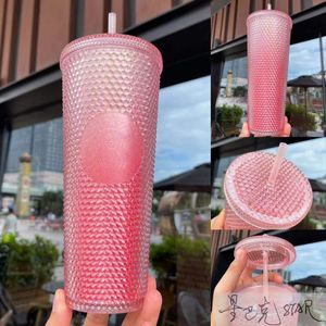 2021 Starbucks Double Gradient Pink Tumblers Durian Laser Straw Cup Tumblers Mermaid Plastic Cold Water Coffee Cups Gift Mug