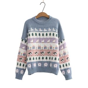 Cute Cartoon Animal Haft Sweter damski Kawaii Luźne Odzież Harajuku Dla Długi Słodki Styl Dzianiny Pulloer 210812