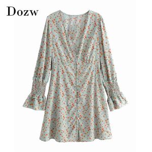 Mulheres Floral Impressão Vintage Mini Vestidos Deep V Neck Uma Linha Boho Beach Elegante Botões Ruffle Manga Longa Parte 210515