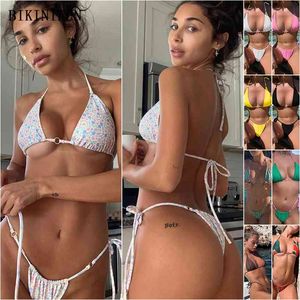 Sexig Triang Top Badkläder Kvinnor Blommigryck Baddräkt Ring Anslut Beachwear S-XL Tjej Självbäddsdräkt Mini Bikini Set 210621