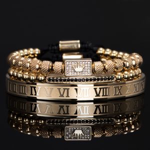 3pcs/Set Luxury Gold Royal King Crown Men Bracelets Roman Numeral Bracelet Unique Design Braided Adjustable Bangle Pulseira