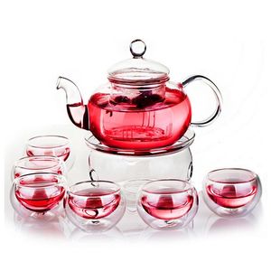 600ml Teapot Set Heat-resistant Glass with Round Candle Holder cup Flower Chinese Kung Fu Pot ware Gift 210621