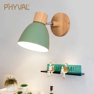 PHYVAL Nordic Wall Lamp Bedside Wall Light Wooden Wall Sconce For Bedroom Living Room Home Lighting E27 Macaroon Steering Head 210724