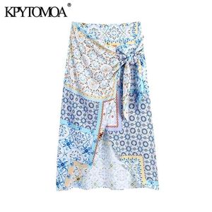 KPYTOMOA Kvinnor Chic Fashion Patchwork Print Asymmetry Wrap Midi Kjol Vintage Hög midja med Bow Bundet Kvinnor Mujer 210729