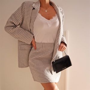 Lolipomme Stilvoller schicker Hahnentritt-Grau-Karo-Overall-Anzug für Damen, zweireihig, Taschen, lange Textur-Blazer mit Knöpfen 220302