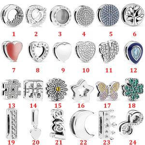 Echtes 925er-Sterlingsilber, passend für Pandora-Armbänder, Liebe, Herz, Schmetterling, Mond, Schnalle, feste Schnalle, All-Match-Perlen, herzblauer Crysta-Charm für DIY-Perlen-Charms