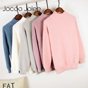 Jocoo Jolee Frauen Samt Pullover Winter Rollkragen Lose Pullover Warme Dicke Elegante Plüsch Pullover Flanell Jumper Mode 210619